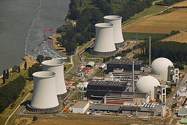 Aerial view, Biblis Nuclear Power Plant block A and B, Rhine River, Biblis, Hesse, Germany, Europe