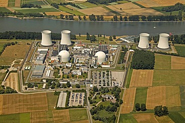 Aerial view, Biblis Nuclear Power Plant block A and B, Rhine River, Biblis, Hesse, Germany, Europe