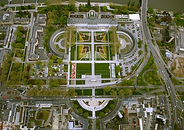 Aerial view, Bundesgartenschau 2011, Federal Garden Show 2011, "Koblenz verwandelt", German for "Koblenz transforms", April to October 2011, Kurfuerstliches Schloss palace, Electoral Palace, Koblenz, Rhineland-Palatine, Germany, Europe