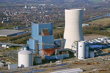 Aerial view, Kohlekraftwerk EON Datteln 4 coal power plant, on the Dortmund-Ems Canal, building freeze, Castrop-Rauxel, Ruhrgebiet region, North Rhine-Westphalia, Germany, Europe