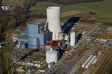 Aerial view, Kohlekraftwerk EON Datteln 4 coal power plant, on the Dortmund-Ems Canal, building freeze, Castrop-Rauxel, Ruhrgebiet region, North Rhine-Westphalia, Germany, Europe