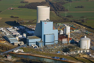 Aerial view, Kohlekraftwerk EON Datteln 4 coal power plant, on the Dortmund-Ems Canal, building freeze, Castrop-Rauxel, Ruhrgebiet region, North Rhine-Westphalia, Germany, Europe