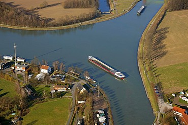 Aerial view, canal junction, inland waterway transportation, Dortmund-Ems Canal near the Dattelner Meer, Datteln, Ruhrgebiet region, North Rhine-Westphalia, Germany, Europe