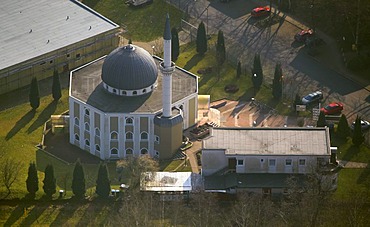 Aerial view, El-Aksa-Moschee mosque, Am Freistuhl, Hassel, Buer, Gelsenkirchen, Ruhrgebiet region, North Rhine-Westphalia, Germany, Europe