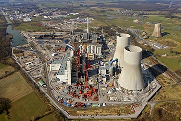 Aerial view, Kraftwerk Westfalen power plant, coal-fired power plant of RWE Power, former nuclear power plant THTR, Hamm, Ruhrgebiet area, North Rhine-Westphalia, Germany, Europe