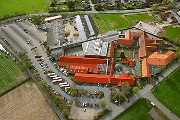 Aerial view, Bauernhof Ewald farm, themed restaurant, Haltern am See, Ruhrgebiet area, North Rhine-Westphalia, Germany, Europe