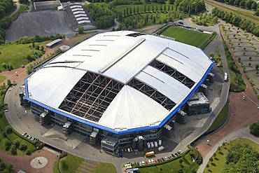 Aerial view, Veltins-Arena football stadium, roof of the Arena AufSchalke stadium being repaired, ripped canvas roof, Gelsenkirchen, Ruhr area, North Rhine-Westphalia, Germany, Europe