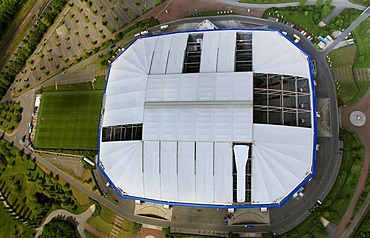 Aerial view, Veltins-Arena football stadium, roof of the Arena AufSchalke stadium being repaired, ripped canvas roof, Gelsenkirchen, Ruhr area, North Rhine-Westphalia, Germany, Europe