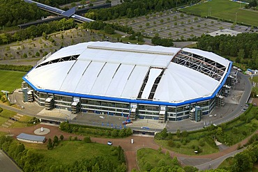 Aerial view, Veltins-Arena football stadium, roof of the Arena AufSchalke stadium being repaired, ripped canvas roof, Gelsenkirchen, Ruhr area, North Rhine-Westphalia, Germany, Europe