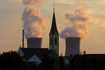 Church of Roethlein in front of Grafenrheinfeld Nuclear Power Plant, Lower Franconia, Bavaria, Germany, Europe