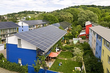 Passive solar houses with solar collectors on the roofs, by architect Rolf Disch, Vauban district, Freiburg im Breisgau, Baden-Wuerttemberg, Germany, Europe