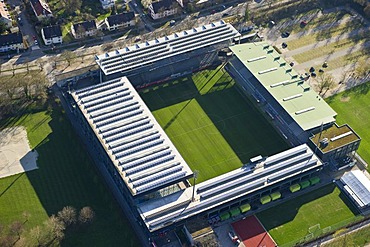 Aerial view, solar panels on the roof of Badenova-Stadion stadium, Freiburg im Breisgau, Baden-Wuerttemberg, Germany, Europe