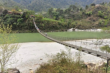 Steel suspension bridge, Dudh Kosi valley, Solukhumbu, Khumbu, Nepal, Asia