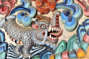 Dragon wall relief, BBodnath Stupa, Boudhanath or Boudha, UNESCO World Heritage Site, Kathmandu, Kathmandu Valley, Nepal, Asia