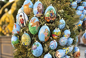 Easter eggs on an easter fountain, Schechingen, Baden-Wuerttemberg, Germany, Europe