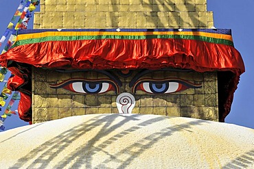 Boudha or Bodnath or Boudhanath Stupa, painted eyes, colorful prayer flags, Tibetan Buddhism, Kathmandu, Kathmandu Valley, UNESCO World Heritage Site, Nepal, Asia