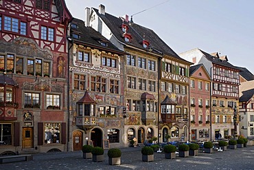 Murals on the facades at Rathausplatz square, Stein am Rhein, Canton of Schaffhausen, Switzerland, Europe