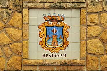 Fountain with coat of arms of the surrounding towns, here Benidorm, mountain village of Polop de la Marina, Costa Blanca, Spain, Europe