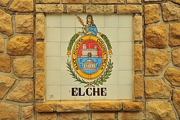 Fountain with coat of arms of the surrounding towns, here Elche, mountain village of Polop de la Marina, Costa Blanca, Spain, Europe