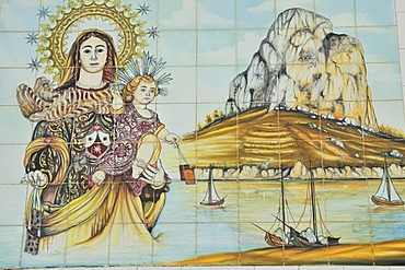 Mosaic wall with the landmark rock Penon de Ifach, port of Calpe, Costa Blanca, Spain, Europe