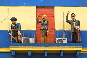 Statues greeting from a balcony, El Caminito street, La Boca district, Buenos Aires, Argentina, South America