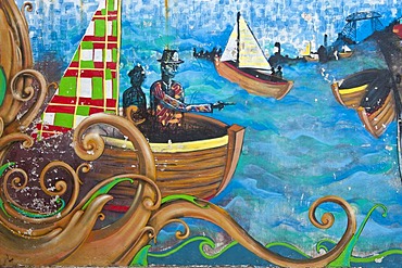 Mural, ships, El Caminito street, La Boca district, Buenos Aires, Argentina, South America