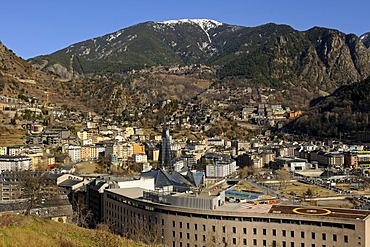 View over Escaldes-Engordany with the Caldea Thermal Spa as a landmark, Principality of Andorra, Europe