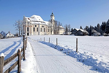 Wieskirche church, pilgrimage church of the Scourged Saviour, snow, Wies, Steingaden district, Bavaria, Germany, Europe