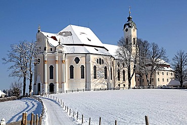 Wieskirche church, pilgrimage church of the Scourged Saviour, snow, Wies, Steingaden district, Bavaria, Germany, Europe