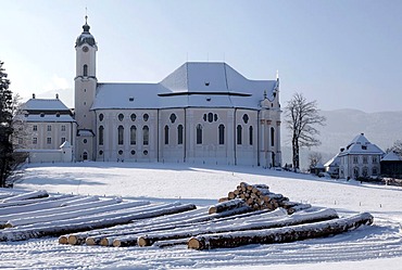 Wieskirche church, pilgrimage church of the Scourged Saviour, snow, Wies, Steingaden district, Bavaria, Germany, Europe