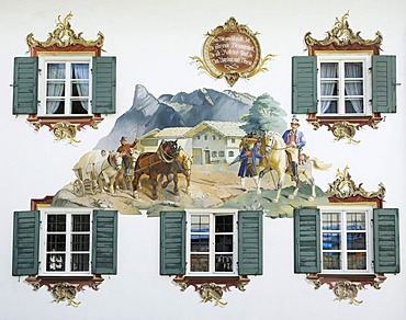 Lueftlmalerei, painting on the facade of Hotel Alte Post depicting the Rossstrasse street between Augsburg and Venice, Oberammergau, Upper Bavaria, Bavaria, Germany, Europe