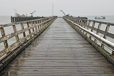 Pier in the rain, Jackson Bay, Tasman Sea, South Island, New Zealand