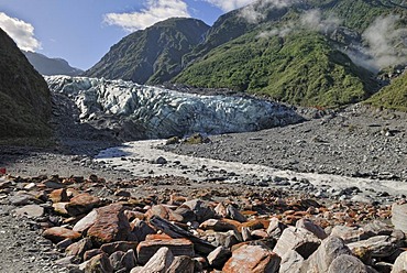 Moraine and glacial stream of Fox Glacier, Westland National Park, South Island, New Zealand