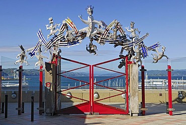 Museum of New Zealand, gateway to the port side with Maori symbols made of stainless steel, Te Papa, Wellington, North Island, New Zealand