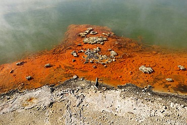 Champagne Pool, detailed view of the edge, colour from antimon sulfides, Wai-O-Tapu Thermal Wonderland, Rotorua, North Island, New Zealand