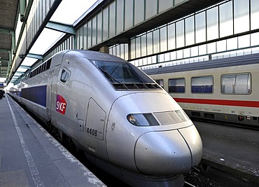 French TGV and German ICE high-speed trains at Stuttgart Central Railway Station, Baden-Wuerttemberg, Germany, Europe