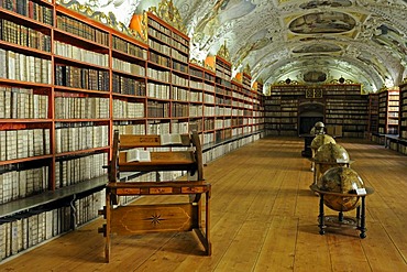 Globes and very old books, library, hall of theology, Strahov Monastery, Prague Castle, Prague, Bohemia, Czech Republic, Europe