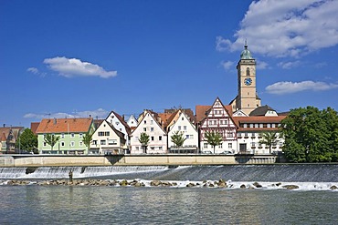 Cityscape with the Neckar River and the Town Church of Saint Lawrence, Nuertingen, Swabian Alb, Baden-Wuerttemberg, Germany, Europe