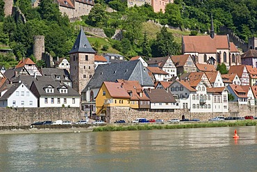 Cityscape with the Market Church, the Carmelite Monastery and the Neckar River, Hirschhorn, Neckartal-Odenwald Nature Reserve, Hesse, Germany, Europe