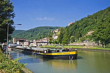 Neckarschleuse lock with a cargo ship, Hirschhorn, Neckartal Odenwald Nature Park, Hesse, Germany, Europe