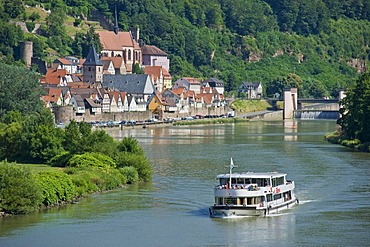 Townscape with the Neckar river and a pleasure boat, Hirschhorn, Neckartal Odenwald Nature Park, Hesse, Germany, Europe