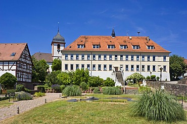 Schloss Binau palace with village church, Binau, Odenwald, Rhein-Neckar-Kreis district, Baden-Wuerttemberg, Germany, Europe