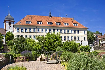 Schloss Binau palace with village church, Binau, Odenwald, Rhein-Neckar-Kreis district, Baden-Wuerttemberg, Germany, Europe