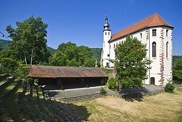 Tempelhaus former palace, now a church, with moat and castle chapel, Neckarelz, Odenwald, Neckar, Baden-Wuerttemberg, Germany, Europe