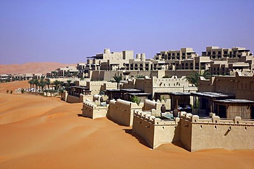 Anantara Qasr Al Sarab luxury desert hotel, built in the style of a kasbah, hotel resort, amidst huge sand dunes, near Liwa Oasis in the Empty Quarter Rub Al Khali sand desert, Abu Dhabi, United Arab Emirates, Middle East