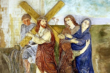 Fresco of the Stations of the Cross, portico of the pilgrimage church ofSacro Monte della Santissima Trinita di Ghiffa in Ghiffa on Lake Maggiore, Piedmont, Italy, Europe