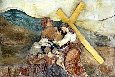 Fresco of the Stations of the Cross, portico of the pilgrimage church ofSacro Monte della Santissima Trinita di Ghiffa in Ghiffa on Lake Maggiore, Piedmont, Italy, Europe