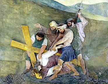 Fresco of the Stations of the Cross, portico of the pilgrimage church ofSacro Monte della Santissima Trinita di Ghiffa in Ghiffa on Lake Maggiore, Piedmont, Italy, Europe