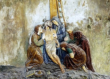 Fresco of the Stations of the Cross, portico of the pilgrimage church ofSacro Monte della Santissima Trinita di Ghiffa in Ghiffa on Lake Maggiore, Piedmont, Italy, Europe