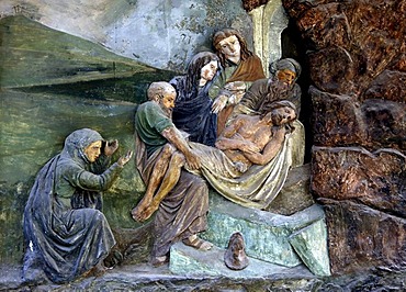 Fresco of the Stations of the Cross, portico of the pilgrimage church ofSacro Monte della Santissima Trinita di Ghiffa in Ghiffa on Lake Maggiore, Piedmont, Italy, Europe